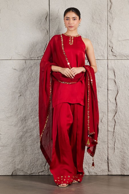 KIRAN KALSI Red Kurta And Salwar Organza Satin Hand Embroidery Mirror High Neck Set 