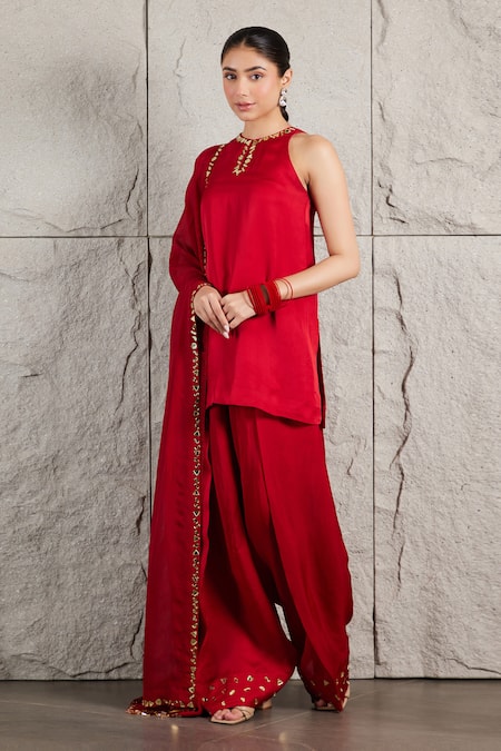 Shop Kiran Kalsi Red Organza Mirrors High Neck Hand Embroidered Kurta Salwar Set Online at Aza Fashions Shop_Kiran Kalsi_Red Organza Mirrors High Neck Hand Embroidered Kurta Salwar Set _Online_at_Aza_Fashions