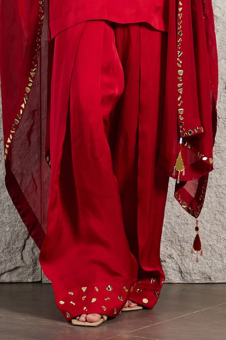 Kiran Kalsi Red Organza Mirrors High Neck Hand Embroidered Kurta Salwar Set at Aza Fashions Kiran Kalsi_Red Organza Mirrors High Neck Hand Embroidered Kurta Salwar Set _at_Aza_Fashions