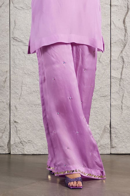 Kiran Kalsi_Purple Organza Embroidery, Beads, Stones Round Neck Floral Hand Kurta Set _Online_at_Aza_Fashions