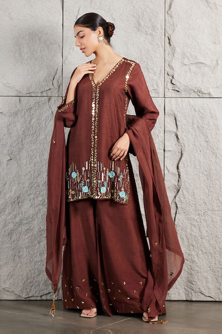 KIRAN KALSI Floral Hand Embroidered Kurta Palazzo Set 