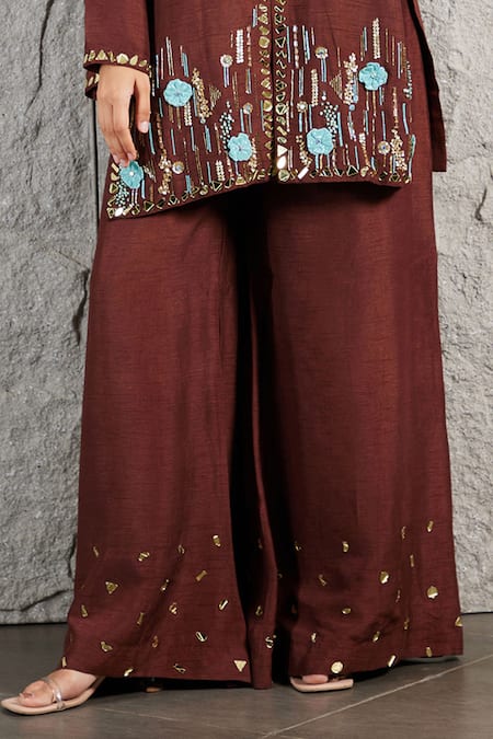 Kiran Kalsi_Brown Ramie, Organza Beads, Stones, Mirrors, Floral Hand Kurta Palazzo Set _Online_at_Aza_Fashions