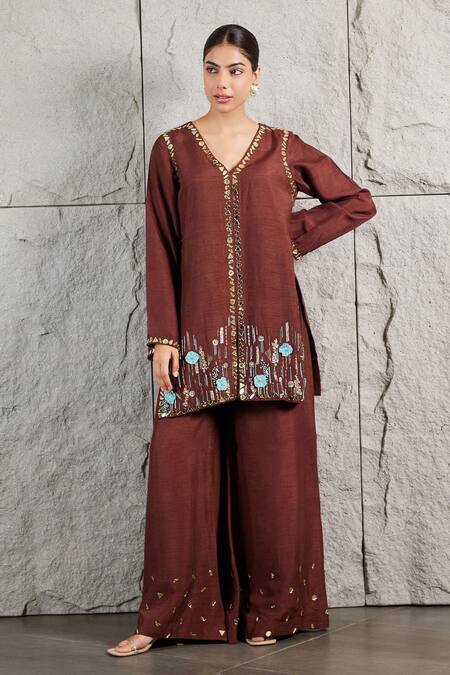 Buy_Kiran Kalsi_Brown Ramie, Organza Beads, Stones, Mirrors, Floral Hand Kurta Palazzo Set _Online_at_Aza_Fashions