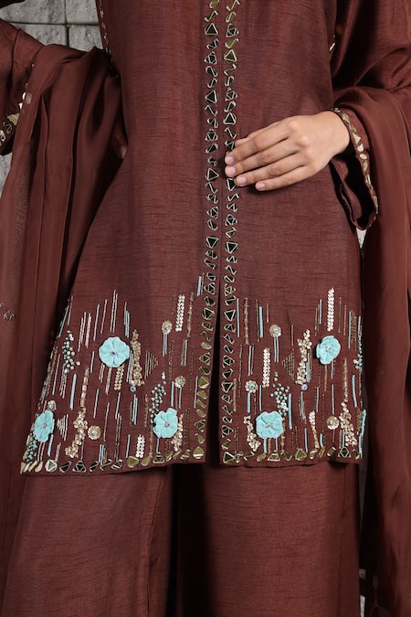 Shop_Kiran Kalsi_Brown Ramie, Organza Beads, Stones, Mirrors, Floral Hand Kurta Palazzo Set _Online_at_Aza_Fashions