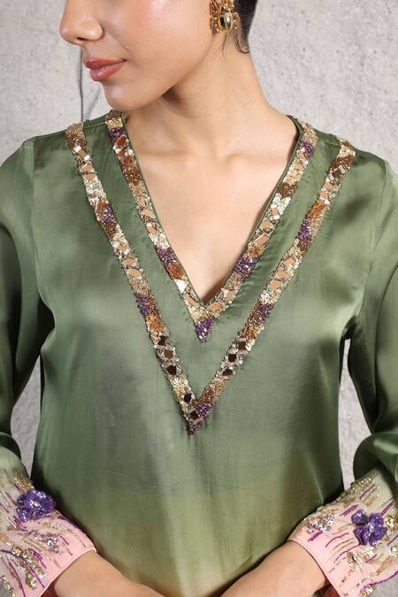 Buy Kiran Kalsi Green Organza, Satin Stones, Beads, Embroidery V-neck Hand Straight Kurta Set Online at Aza Fashions Buy_Kiran Kalsi_Green Organza, Satin Stones, Beads, Embroidery V-neck Hand Straight Kurta Set _Online_at_Aza_Fashions