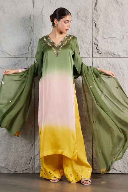 Shop Kiran Kalsi Green Organza, Satin Stones, Beads, Embroidery V-neck Hand Straight Kurta Set Online at Aza Fashions Shop_Kiran Kalsi_Green Organza, Satin Stones, Beads, Embroidery V-neck Hand Straight Kurta Set _Online_at_Aza_Fashions