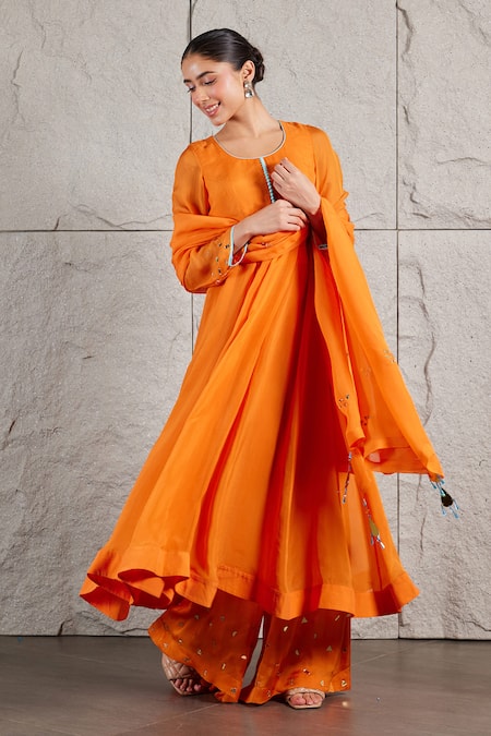 Buy_Kiran Kalsi_Orange Organza, Satin Mirrors Round Neck Hand Embroidered Anarkali And Palazzo Set _Online_at_Aza_Fashions