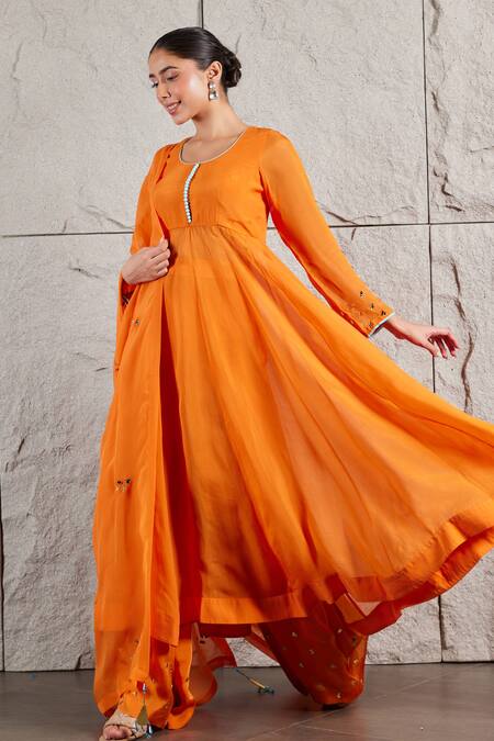 Shop_Kiran Kalsi_Orange Organza, Satin Mirrors Round Neck Hand Embroidered Anarkali And Palazzo Set _Online_at_Aza_Fashions