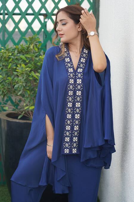 Buy Myra Clothing Line Blue Crepe Embroidery, Beads V-neck Floral Embellished Tunic With Pant Online at Aza Fashions Buy_Myra Clothing Line_Blue Crepe Embroidery, Beads V-neck Floral Embellished Tunic With Pant _Online_at_Aza_Fashions
