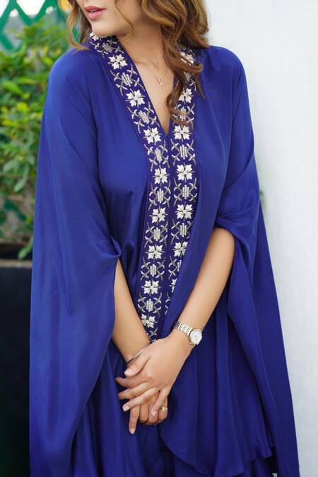 Shop Myra Clothing Line Blue Crepe Embroidery, Beads V-neck Floral Embellished Tunic With Pant Online at Aza Fashions Shop_Myra Clothing Line_Blue Crepe Embroidery, Beads V-neck Floral Embellished Tunic With Pant _Online_at_Aza_Fashions