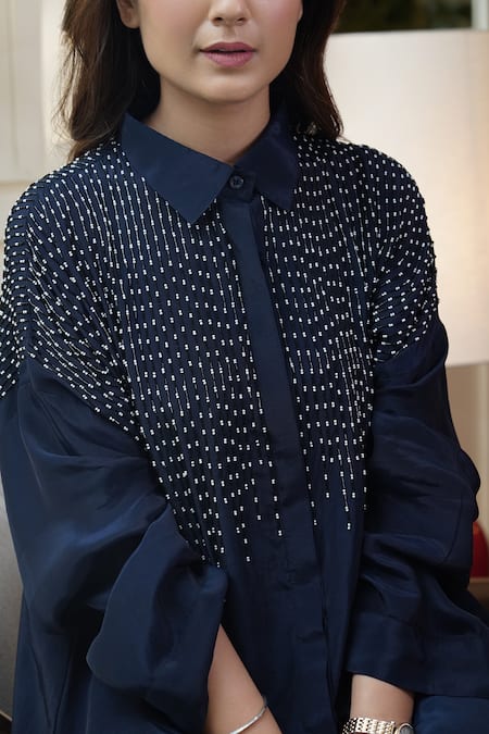 Myra Clothing Line_Blue Crepe Beads Shawl Neck Embellished Shirt With Pant _at_Aza_Fashions
