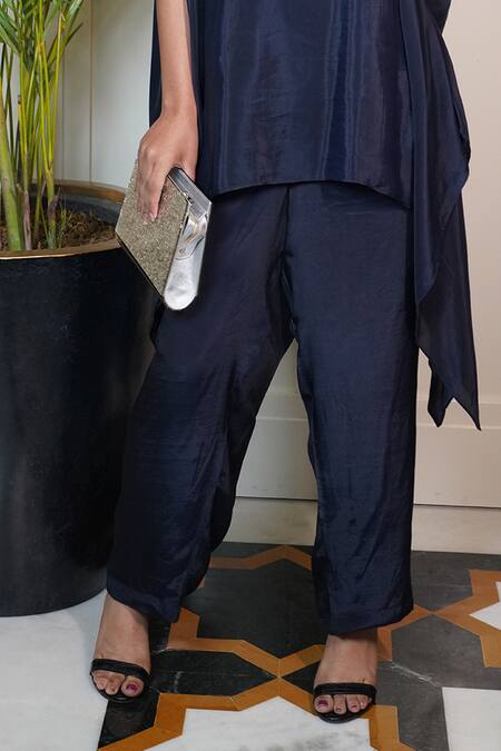 Myra Clothing Line_Blue Crepe Beads Round Neck Embellished Asymmetric Tunic With Pant _Online_at_Aza_Fashions