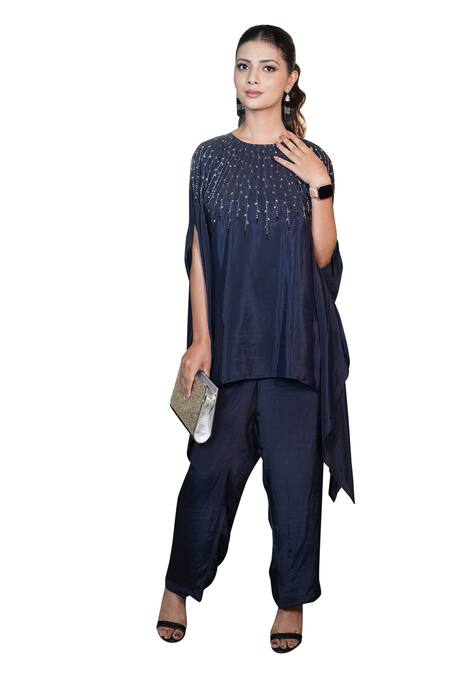 Buy_Myra Clothing Line_Blue Crepe Beads Round Neck Embellished Asymmetric Tunic With Pant _Online_at_Aza_Fashions