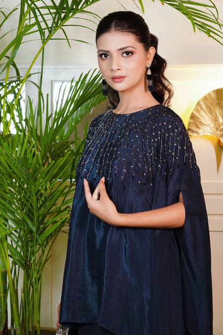 Shop_Myra Clothing Line_Blue Crepe Beads Round Neck Embellished Asymmetric Tunic With Pant _Online_at_Aza_Fashions