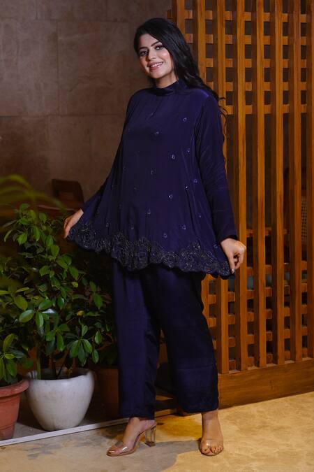 Myra Clothing Line_Blue Crepe Beads Collared Asymmetric Embellished Tunic With Pant _Online_at_Aza_Fashions