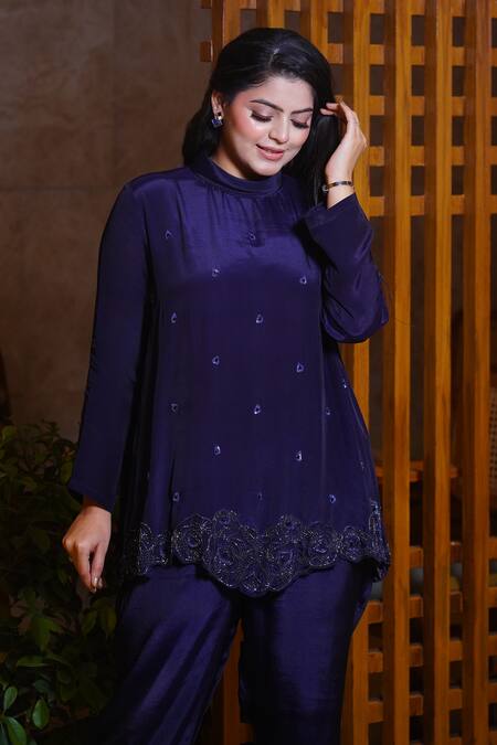 Myra Clothing Line_Blue Crepe Beads Collared Asymmetric Embellished Tunic With Pant _at_Aza_Fashions