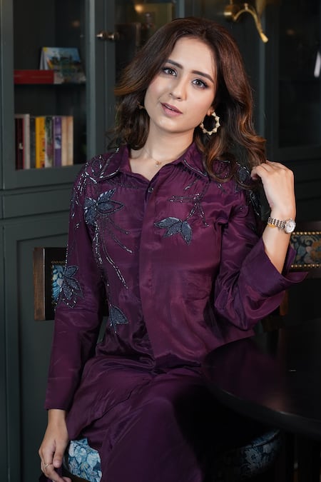 Myra Clothing Line Wine Crepe Beads Shawl Neck Embellished High-low Shirt With Pant Online at Aza Fashions Myra Clothing Line_Wine Crepe Beads Shawl Neck Embellished High-low Shirt With Pant _Online_at_Aza_Fashions