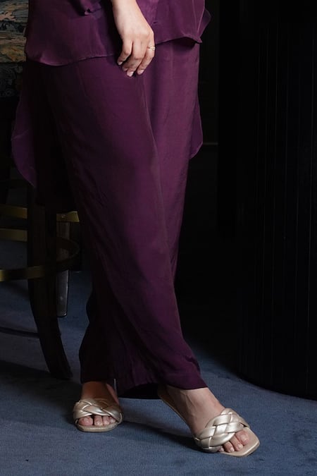 Buy Myra Clothing Line Wine Crepe Beads Shawl Neck Embellished High-low Shirt With Pant Online at Aza Fashions Buy_Myra Clothing Line_Wine Crepe Beads Shawl Neck Embellished High-low Shirt With Pant _Online_at_Aza_Fashions