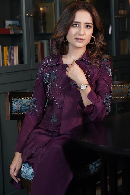 Shop_Myra Clothing Line_Wine Crepe Beads Shawl Neck Embellished High-low Shirt With Pant _Online_at_Aza_Fashions