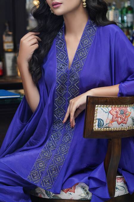 Buy Myra Clothing Line Purple Crepe Beads V-neck Geometric Embellished Tunic With Pant Online at Aza Fashions Buy_Myra Clothing Line_Purple Crepe Beads V-neck Geometric Embellished Tunic With Pant _Online_at_Aza_Fashions