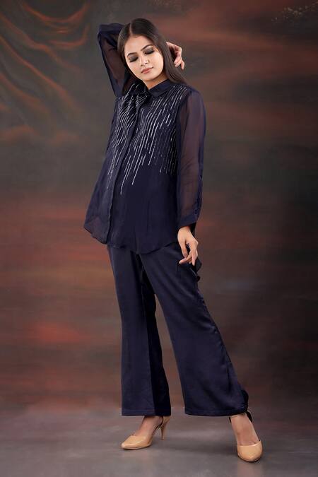 Myra Clothing Line_Navy Organza, Crepe Beads Collared Embellished High-low Shirt And Pant Set _Online_at_Aza_Fashions