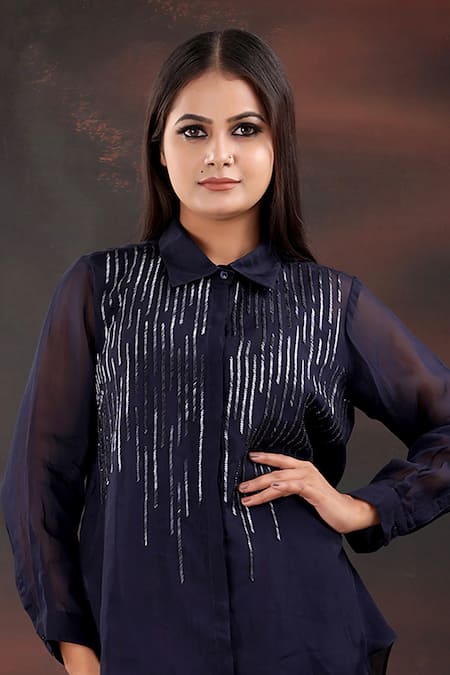 Buy_Myra Clothing Line_Navy Organza, Crepe Beads Collared Embellished High-low Shirt And Pant Set _Online_at_Aza_Fashions