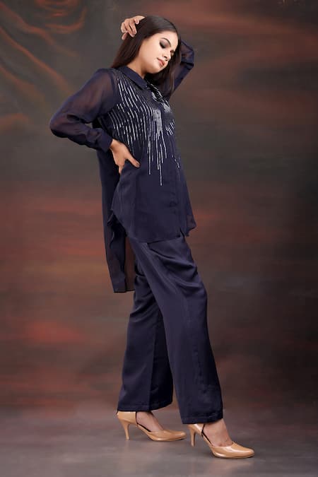 Myra Clothing Line_Navy Organza, Crepe Beads Collared Embellished High-low Shirt And Pant Set _at_Aza_Fashions
