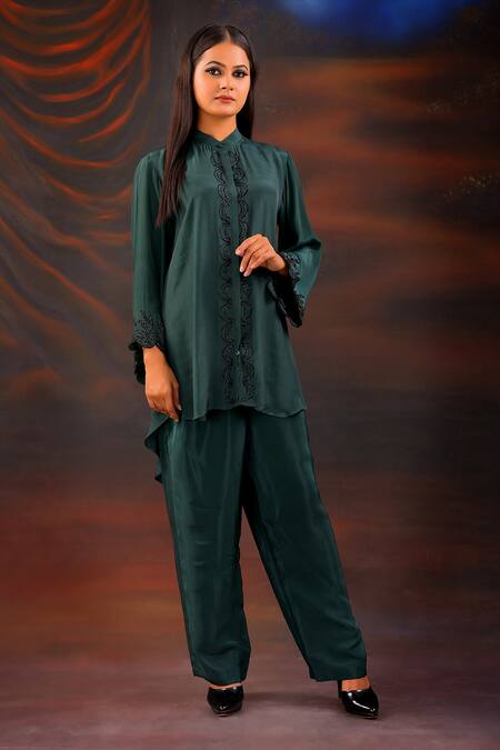 Myra Clothing Line_Green Crepe Beads Mandarin Collar Scallop Embellished High-low Shirt With Pant _Online_at_Aza_Fashions