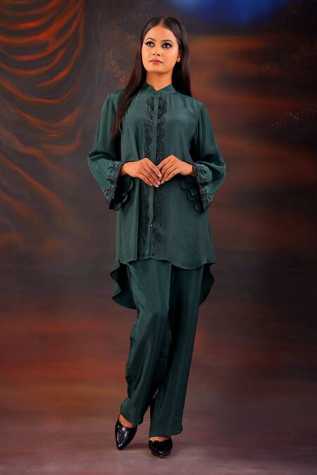 Buy_Myra Clothing Line_Green Crepe Beads Mandarin Collar Scallop Embellished High-low Shirt With Pant _Online_at_Aza_Fashions