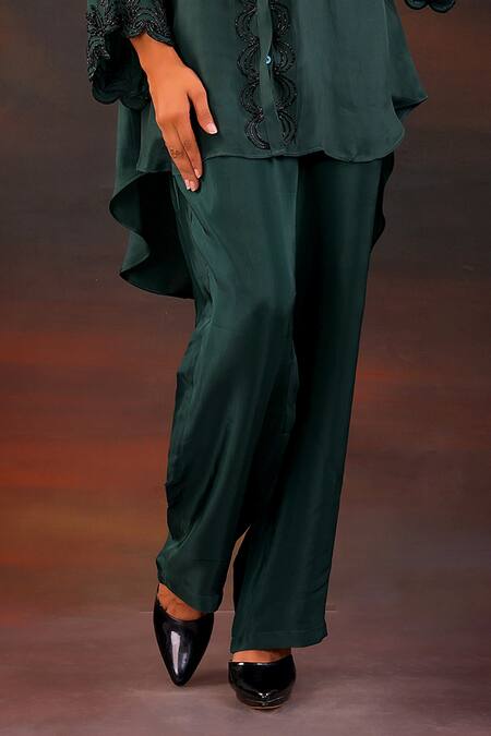 Myra Clothing Line_Green Crepe Beads Mandarin Collar Scallop Embellished High-low Shirt With Pant _at_Aza_Fashions