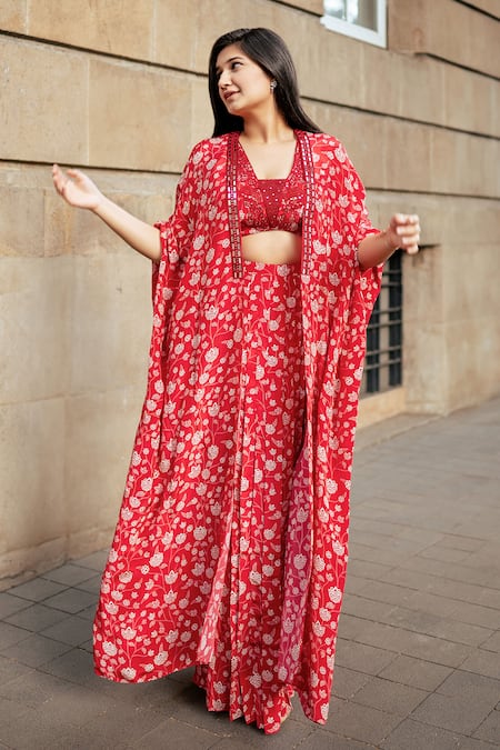 Essay by Sumedha Agrawal Red Shantoon Hand Embroidered Mirror Work Blouse Geometric Skirt Set With Cape 