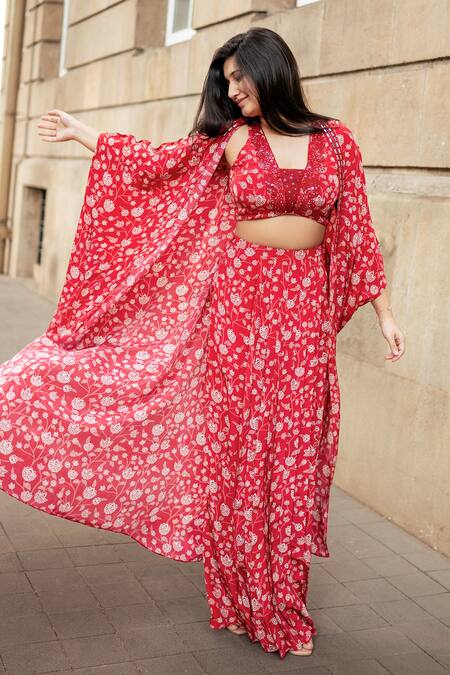 Essay By Sumedha Agrawal_Red Crepe Embroidery, Beads Collared Hand Skirt Set With Cape _Online_at_Aza_Fashions