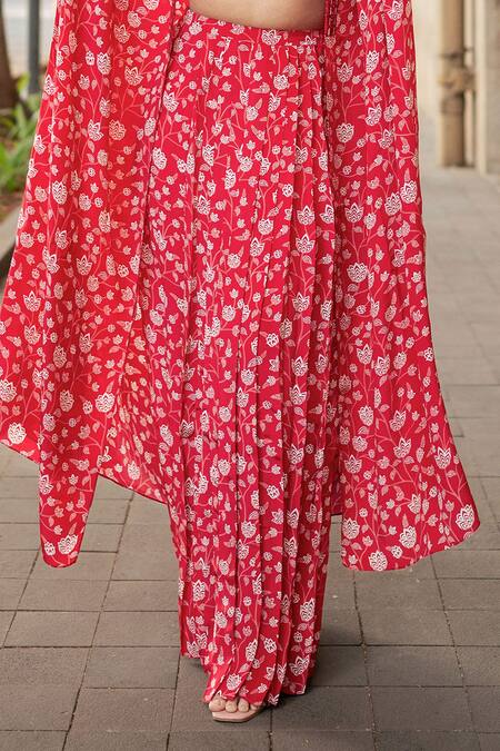 Buy_Essay By Sumedha Agrawal_Red Crepe Embroidery, Beads Collared Hand Skirt Set With Cape _Online_at_Aza_Fashions