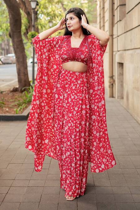 Shop_Essay By Sumedha Agrawal_Red Crepe Embroidery, Beads Collared Hand Skirt Set With Cape _Online_at_Aza_Fashions