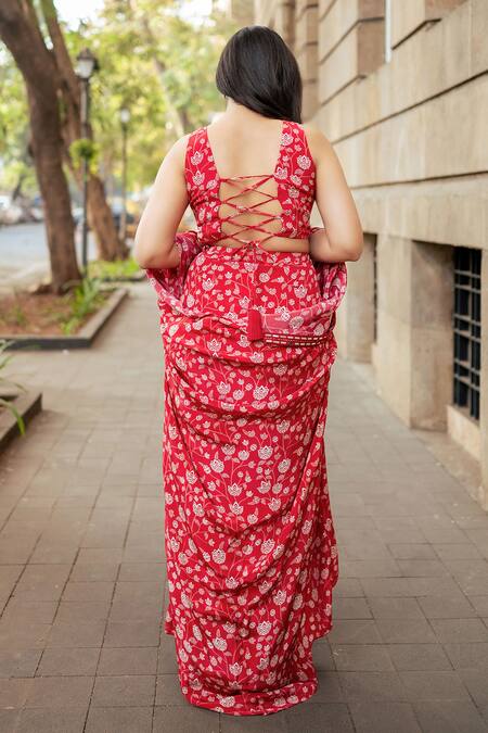 Essay By Sumedha Agrawal_Red Crepe Embroidery, Beads Collared Hand Skirt Set With Cape _at_Aza_Fashions