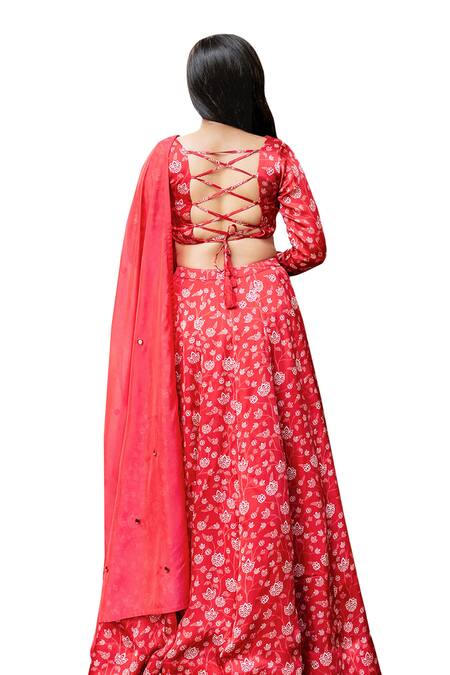 Essay By Sumedha Agrawal_Red Organza, Satin Embroidery, Beads V-neck Floral Print Lehenga Set _at_Aza_Fashions