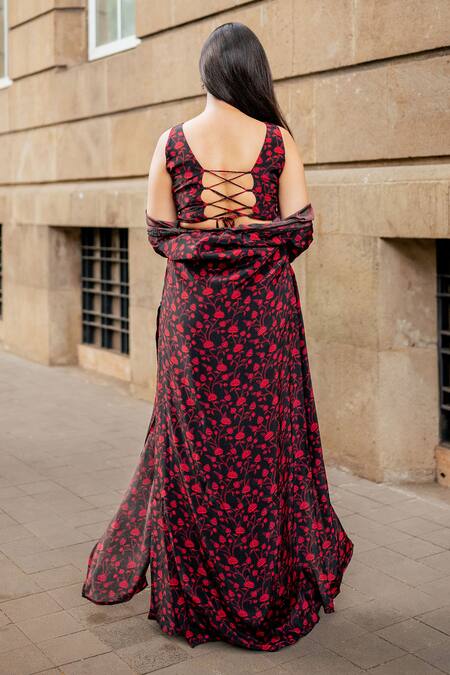 Shop_Essay By Sumedha Agrawal_Black Satin, Chiffon, Cotton Beads, Mirrors, Hand Pant Set With Jacket _Online_at_Aza_Fashions