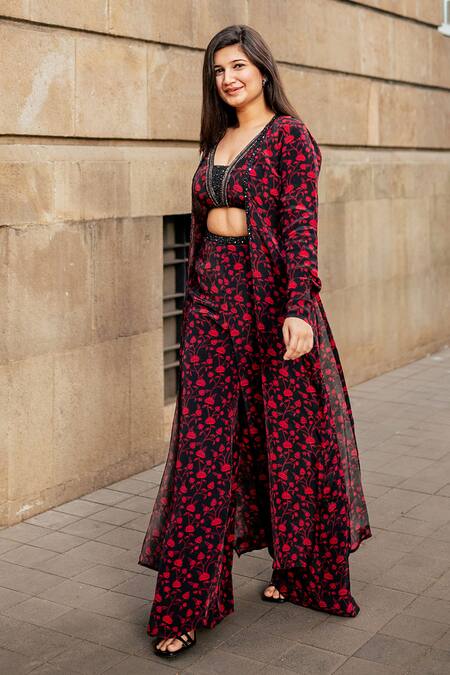 Essay By Sumedha Agrawal_Black Satin, Chiffon, Cotton Beads, Mirrors, Hand Pant Set With Jacket _at_Aza_Fashions