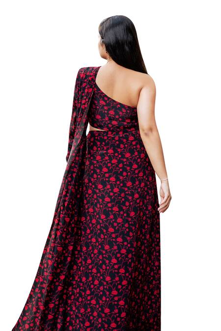 Essay By Sumedha Agrawal_Black Satin, Crepe, Silk Embroidery, Floral Print Pre-draped Saree Set With Belt _at_Aza_Fashions