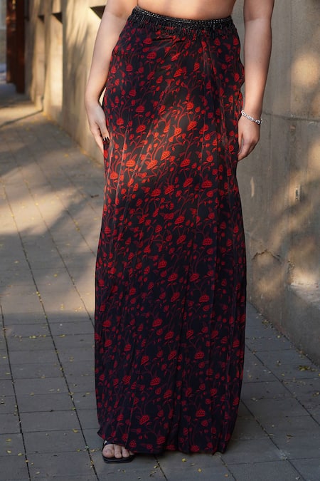 Essay By Sumedha Agrawal_Black Satin, Crepe Embroidery, Beads Halter Neck Floral Print Skirt With Blouse _Online_at_Aza_Fashions