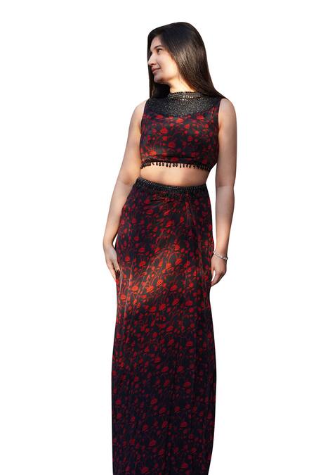 Buy_Essay By Sumedha Agrawal_Black Satin, Crepe Embroidery, Beads Halter Neck Floral Print Skirt With Blouse _Online_at_Aza_Fashions