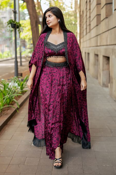 Buy_Essay By Sumedha Agrawal_Wine Crepe Mirrors, Beads Sweetheart Neck Floral Print Skirt Set With Cape _Online_at_Aza_Fashions