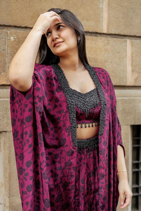 Shop_Essay By Sumedha Agrawal_Wine Crepe Mirrors, Beads Sweetheart Neck Floral Print Skirt Set With Cape _Online_at_Aza_Fashions