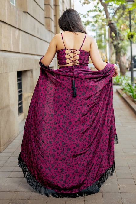 Essay By Sumedha Agrawal_Wine Crepe Mirrors, Beads Sweetheart Neck Floral Print Skirt Set With Cape _at_Aza_Fashions
