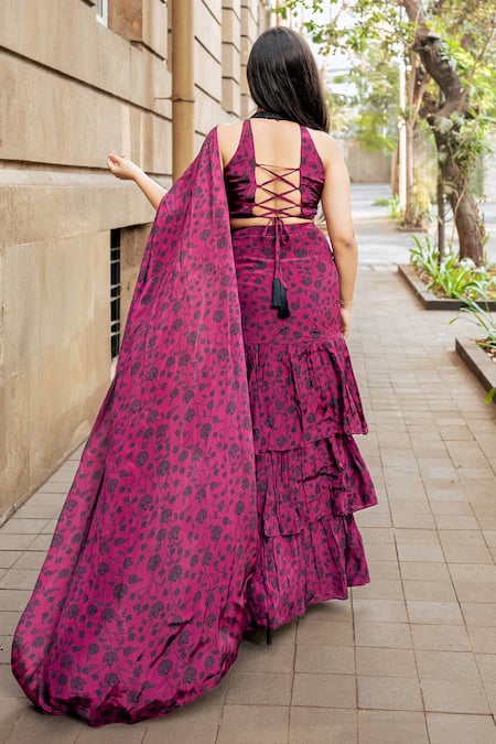 Essay By Sumedha Agrawal Floral Print Pre-Draped Ruffle Saree With Blouse 