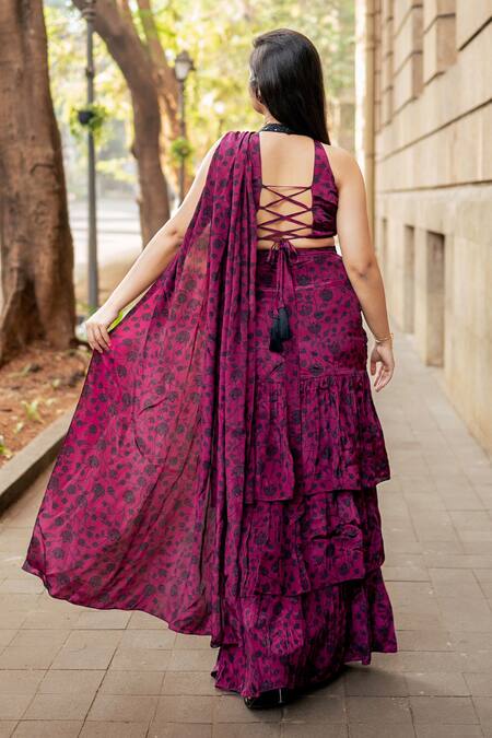 Essay By Sumedha Agrawal_Wine Crepe Embroidery, Beads Floral Print Pre-draped Ruffle Saree With Blouse _Online_at_Aza_Fashions