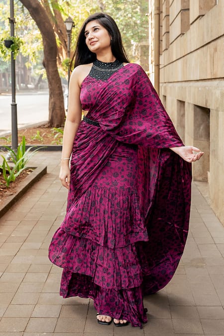 Essay By Sumedha Agrawal_Wine Crepe Embroidery, Beads Floral Print Pre-draped Ruffle Saree With Blouse _at_Aza_Fashions