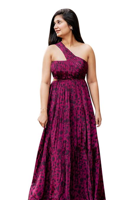 Essay By Sumedha Agrawal_Wine Satin, Crepe One Shoulder Floral Print Tiered Dress _Online_at_Aza_Fashions