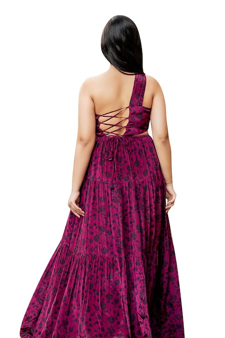 Shop_Essay By Sumedha Agrawal_Wine Satin, Crepe One Shoulder Floral Print Tiered Dress _Online_at_Aza_Fashions