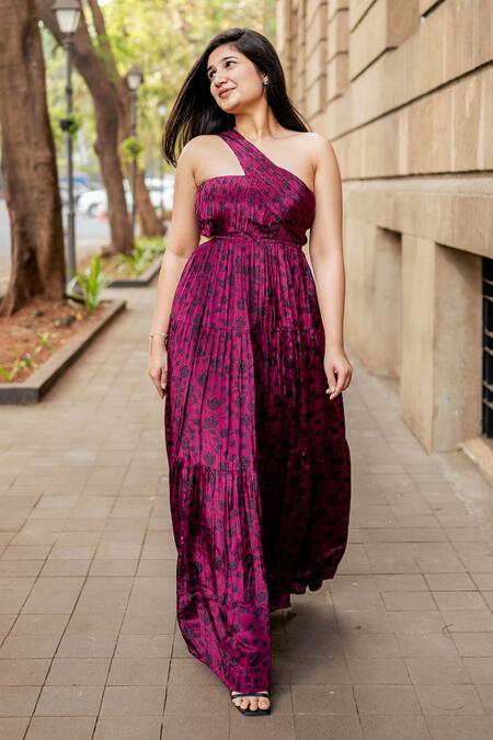 Essay By Sumedha Agrawal_Wine Satin, Crepe One Shoulder Floral Print Tiered Dress _at_Aza_Fashions